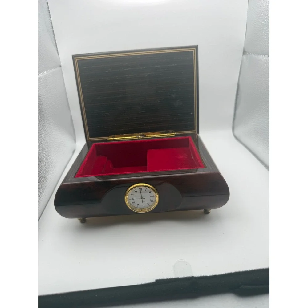 Vintage Romance Italian Inlaid Wood Jewelry Music Box Floral Marquetry Clock